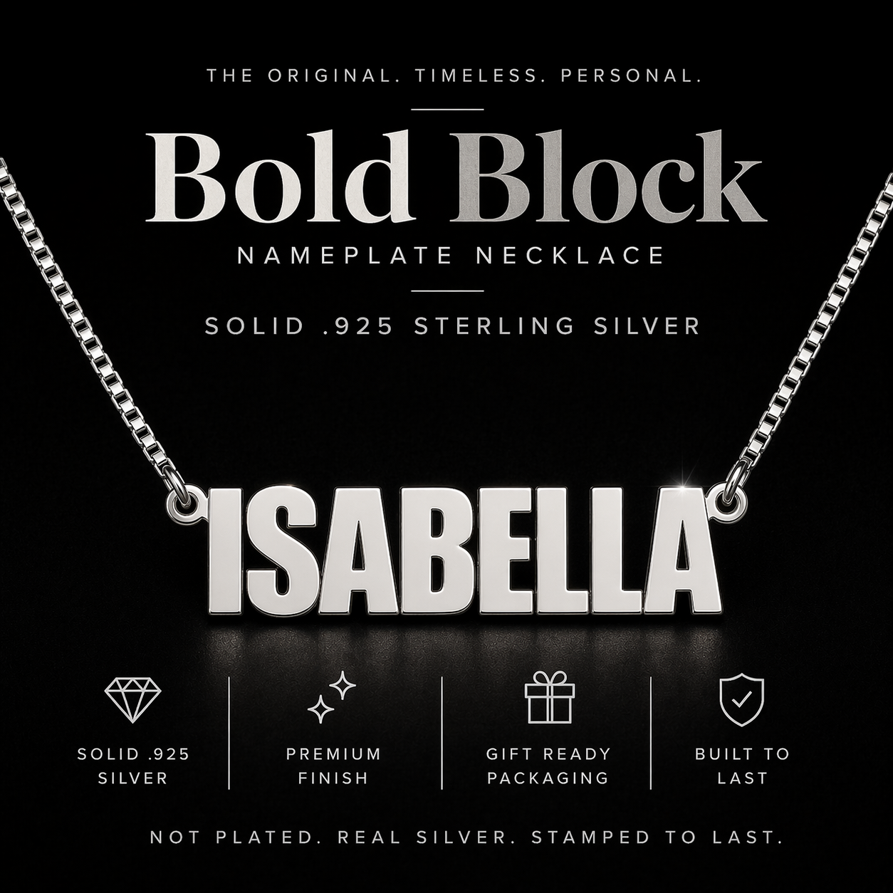 Custom Sterling Silver Nameplate Necklace • Bold Block Font Personalized Name Jewelry