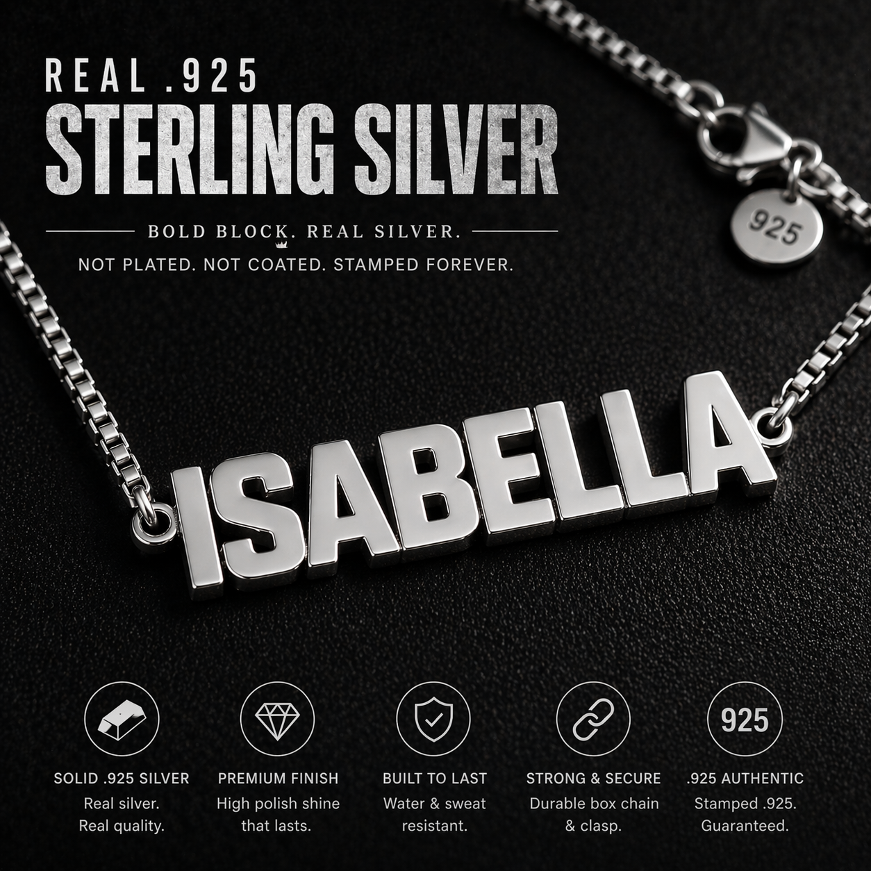 Custom Sterling Silver Nameplate Necklace • Bold Block Font Personalized Name Jewelry