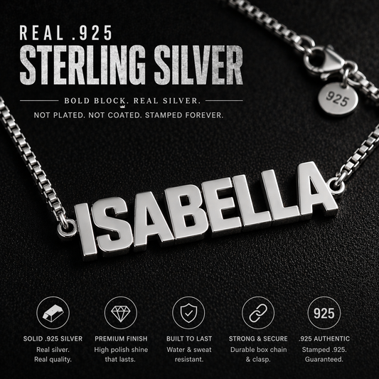 Custom Sterling Silver Nameplate Necklace • Bold Block Font Personalized Name Jewelry