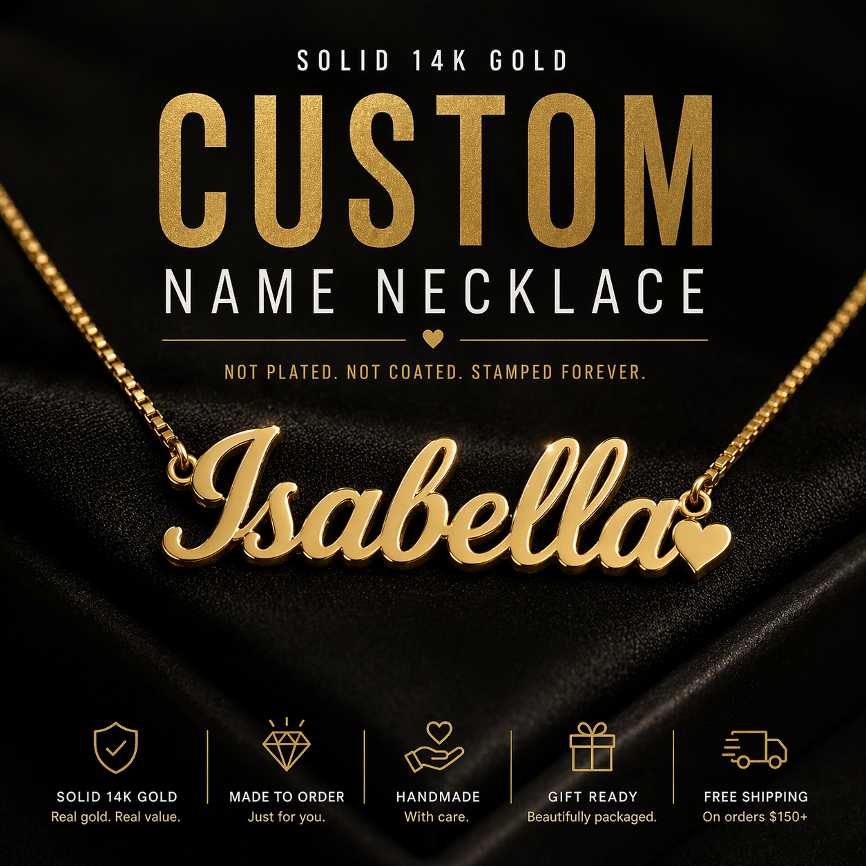 Classic Script Nameplate Necklace — Solid 14K Gold