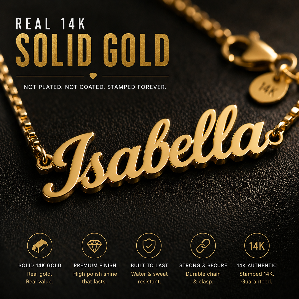 Classic Script Nameplate Necklace — Solid 14K Gold