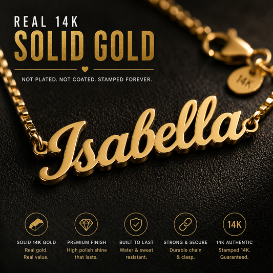 Classic Script Nameplate Necklace — Solid 14K Gold