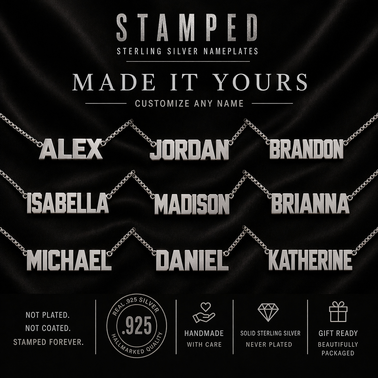 Custom Sterling Silver Nameplate Necklace • Bold Block Font Personalized Name Jewelry