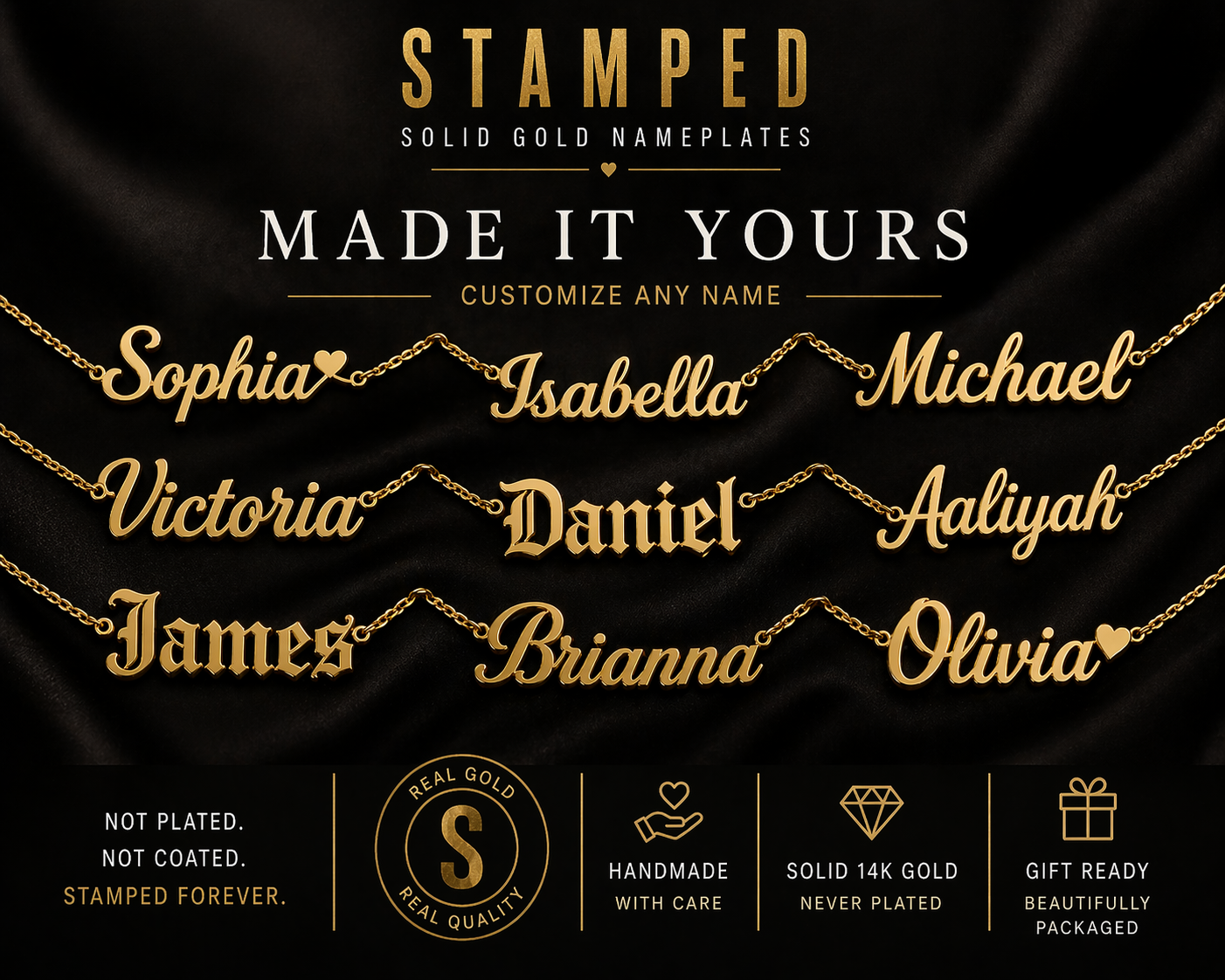 Classic Script Nameplate Necklace — Solid 14K Gold