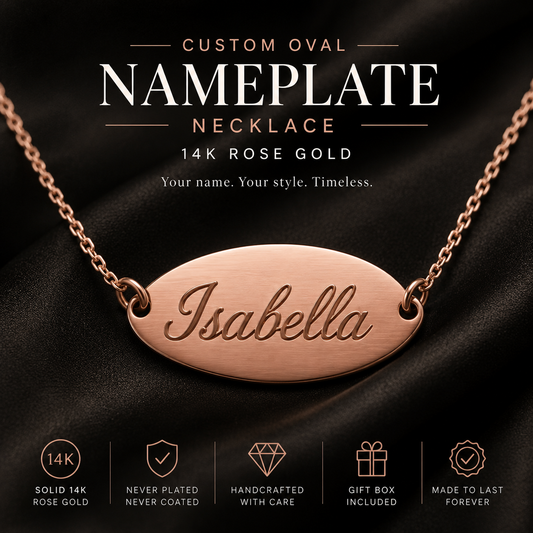 Custom Oval Nameplate Necklace • Solid 14K Rose Gold Personalized Jewelry