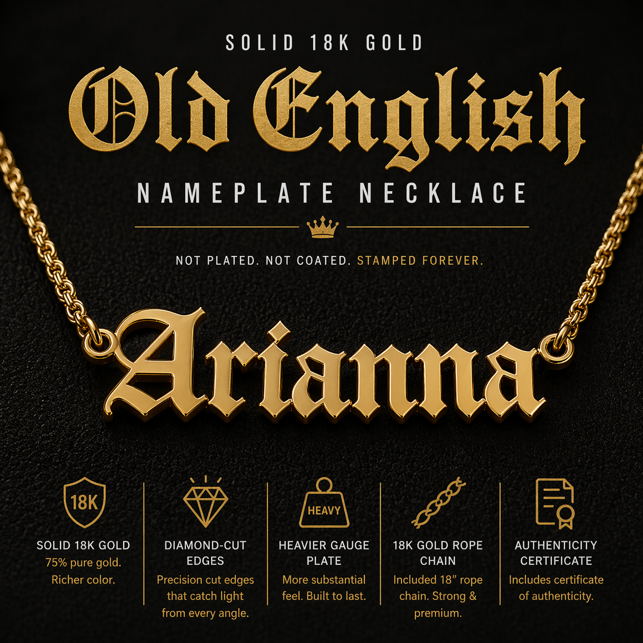 Custom Old English Nameplate Necklace · Solid 18K Gold · Gothic Font Name Necklace