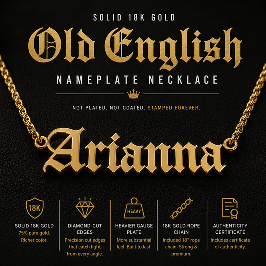 Custom Old English Nameplate Necklace · Solid 18K Gold · Gothic Font Name Necklace