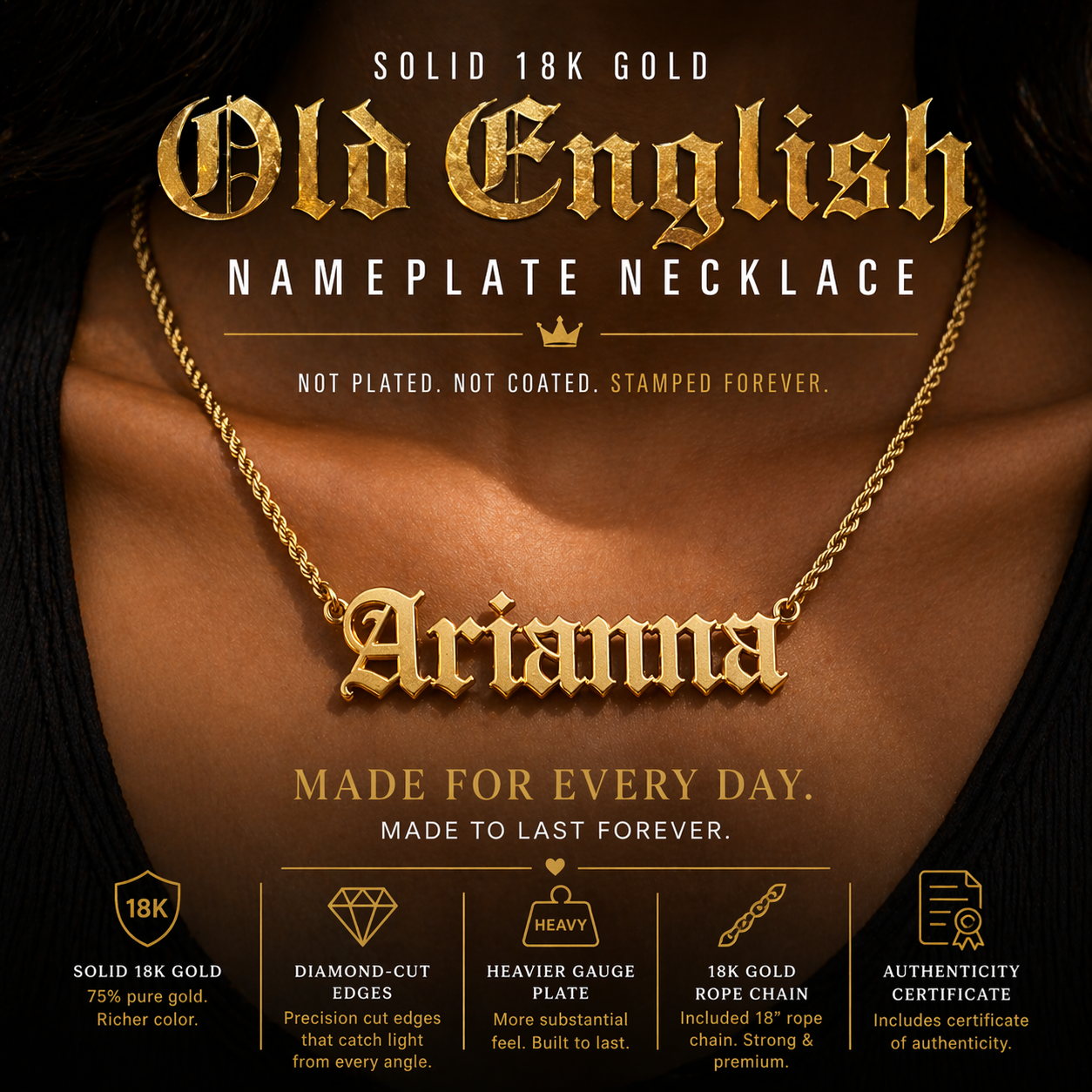 Custom Old English Nameplate Necklace · Solid 18K Gold · Gothic Font Name Necklace