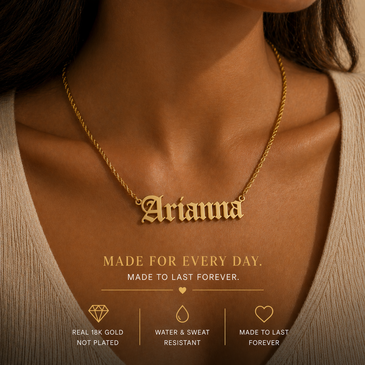 Custom Old English Nameplate Necklace · Solid 18K Gold · Gothic Font Name Necklace