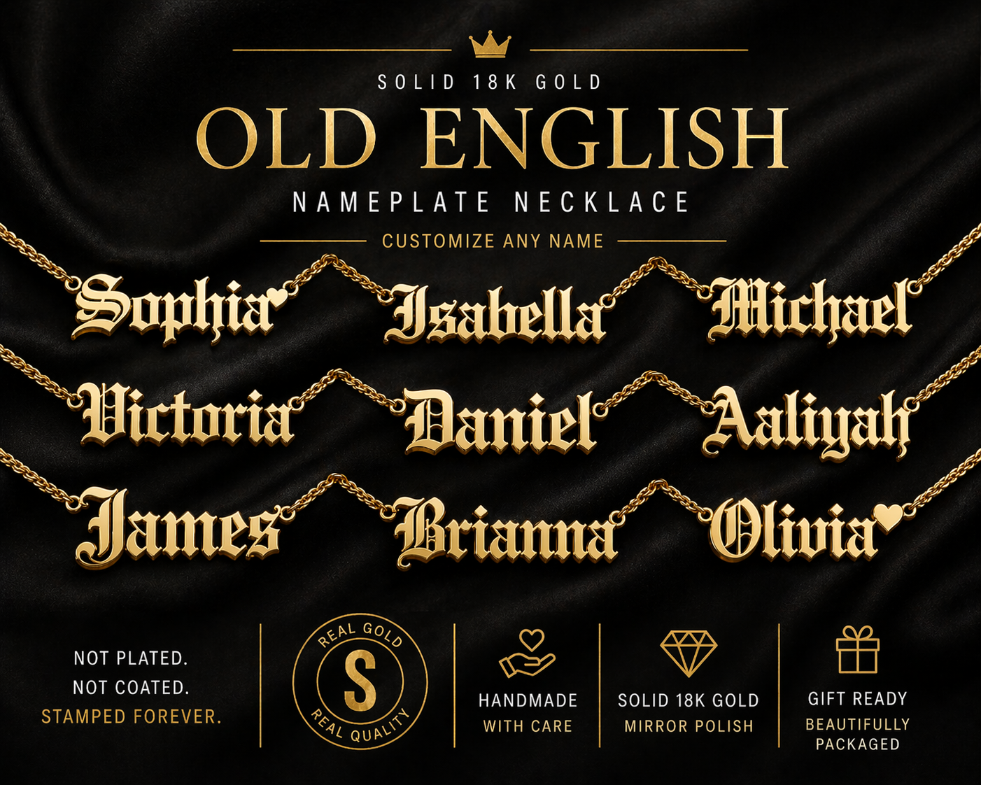 Custom Old English Nameplate Necklace · Solid 18K Gold · Gothic Font Name Necklace