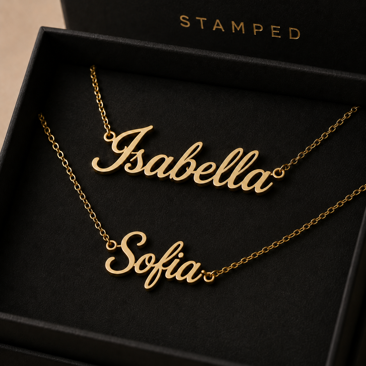 Custom Gold Nameplate Gift Set · Two Name Necklaces · Personalized Matching Jewelry