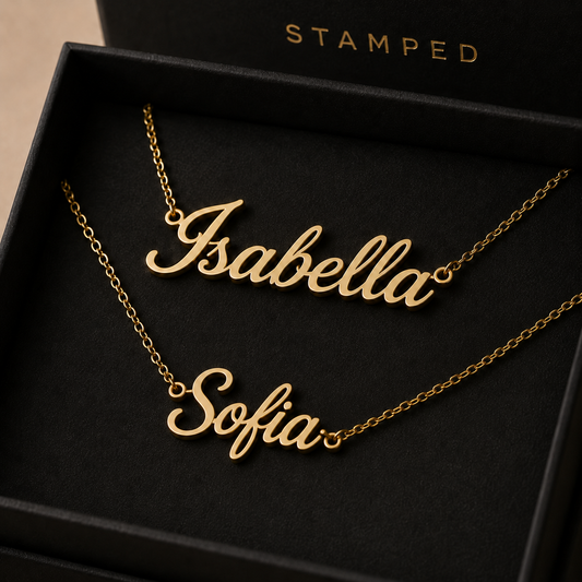 Custom Gold Nameplate Gift Set · Two Name Necklaces · Personalized Matching Jewelry