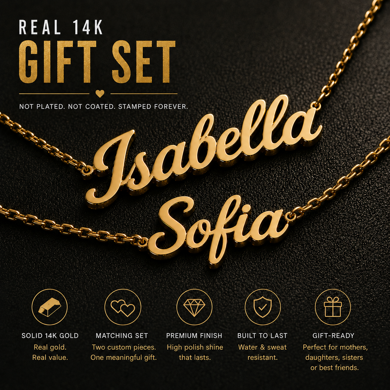 Custom Gold Nameplate Gift Set · Two Name Necklaces · Personalized Matching Jewelry