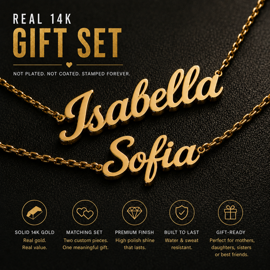 Custom Gold Nameplate Gift Set · Two Name Necklaces · Personalized Matching Jewelry