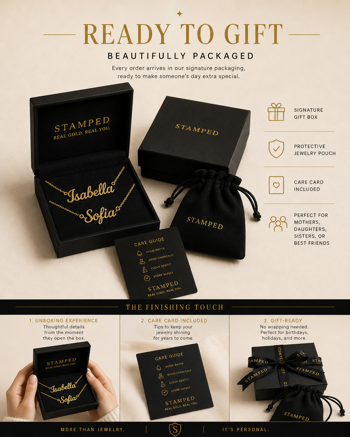 Custom Gold Nameplate Gift Set · Two Name Necklaces · Personalized Matching Jewelry